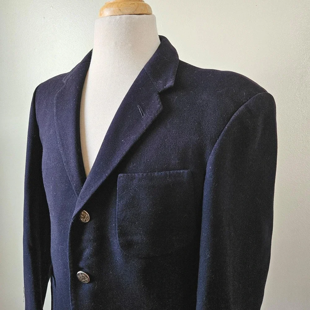 Vtg 50s An Tai Hong Custom Tailored Mens Navy Wool Blazer Jacket Crest Hong Kong